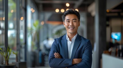 A young Asian businessman in a suit is smiling and posing for a picture - Powered by Adobe