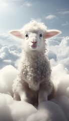 A cute little white lamb sitting on a fluffy white cloud looking down at the camera.