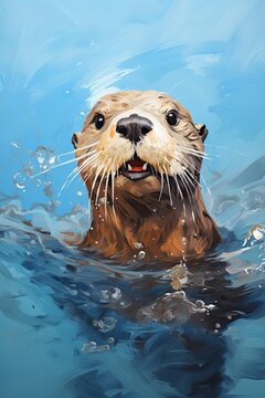 A cute otter is swimming in the water and looking at you with a curious expression on its face.