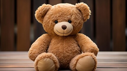 A cute teddy bear with light brown fur and dark brown eyes is sitting on a wooden surface.