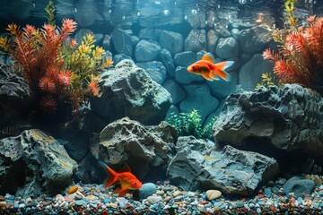 A beautiful aquarium with various fish, algae, and stones. Lovely decoration for the aquarium. 