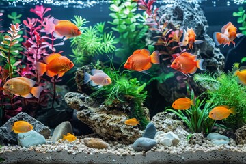 A beautiful aquarium with various fish, algae, and stones. Lovely decoration for the aquarium. 