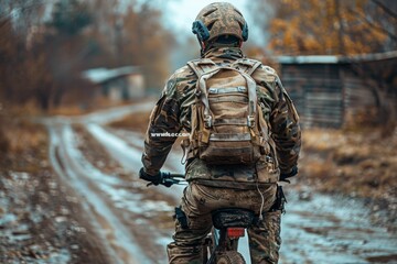 A military man in a bulletproof vest and helmet rides a bicycle. The concept of the army's poverty, insufficient equipment for soldiers. - obrazy, fototapety, plakaty