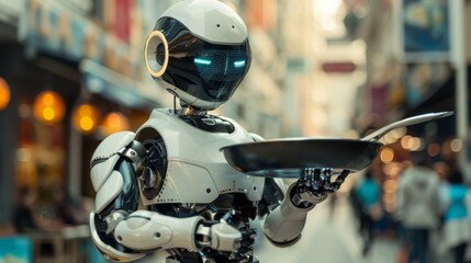 Fototapeta premium A robot holding a frying pan. The concept of the future where robots will be able to perform all kinds of tasks.