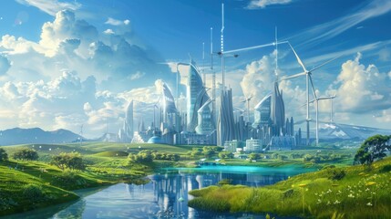 Futuristic city skyline with smart buildings and renewable energy