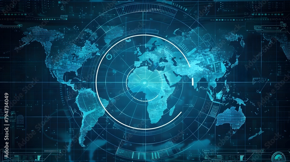 Poster futuristic digital world map with radar monitoring system for global intelligence and cybersecurity