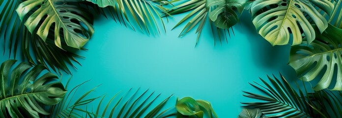 Naklejka premium Tropical leaves on a turquoise background with copy space