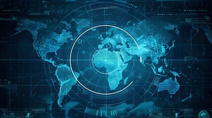 Futuristic Digital World Map with Radar Monitoring System for Global Intelligence and Cybersecurity
