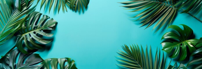 Fototapeta na wymiar Tropical leaves on a turquoise background with copy space