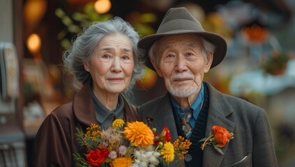 A happy old couple taking photos at the seaside, holding flowers, half body, romantic, Valentine's Day,Joyful Elderly Couple Embracing Love at the Beach with Flowers