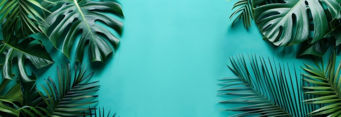 Tropical leaves on a turquoise background with copy space