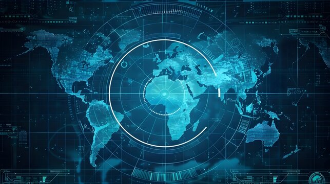 Futuristic Digital World Map with Radar Monitoring System for Global Intelligence and Cybersecurity - Powered by Adobe