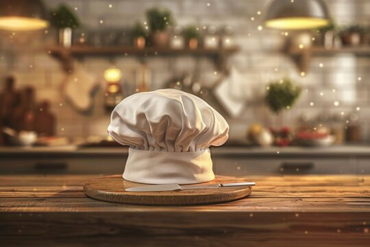 kitchen chef hat against a backdrop of a bustling kitchen, enhanced by a bokeh background, capturing the essence of culinary expertise and ambiance.