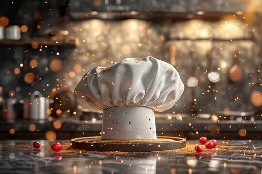 kitchen chef hat against a backdrop of a bustling kitchen, enhanced by a bokeh background, capturing the essence of culinary expertise and ambiance.