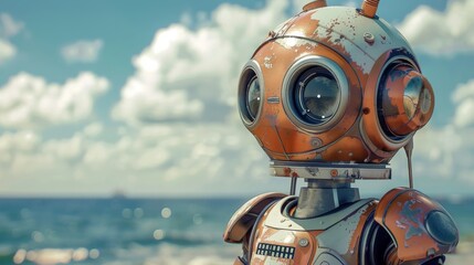 Robot in a sailor suit in the bay near the pier