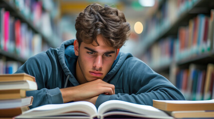 Overwhelmed teenage student preparing for exams in library. - Powered by Adobe