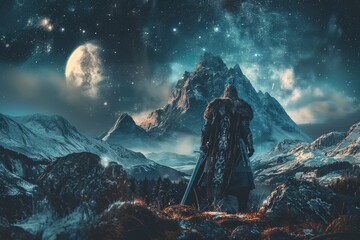 A Viking warrior stands with their back to us, silhouetted against towering mountains under a starry night sky, embodying strength and valor.






 - obrazy, fototapety, plakaty