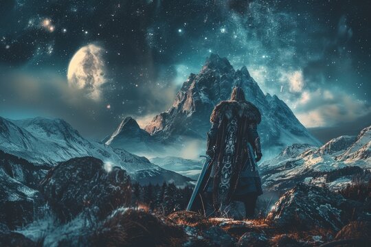 A Viking warrior stands with their back to us, silhouetted against towering mountains under a starry night sky, embodying strength and valor.







