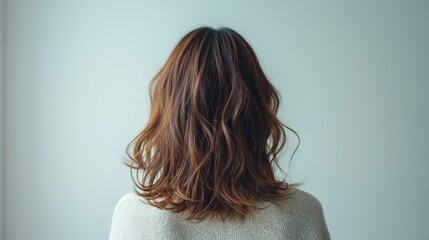Back view of Japanese woman with brown wavy hair against white wall background. - Powered by Adobe