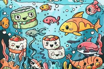 Cartoon cute doodles of sushi characters exploring the ocean depths and encountering underwater creatures, Generative A