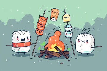 Cartoon cute doodles of sushi characters going on a camping trip, roasting marshmallows over a campfire, Generative AI 