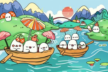 Naklejka premium Cartoon cute doodles of sushi characters riding on sushi boats down a river, enjoying a scenic journey, Generative AI