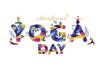 Fototapeta premium International yoga day wishes or greetings banner or post design with fonts and yoga pose celebration or event social media 21st June banner vector illustration 