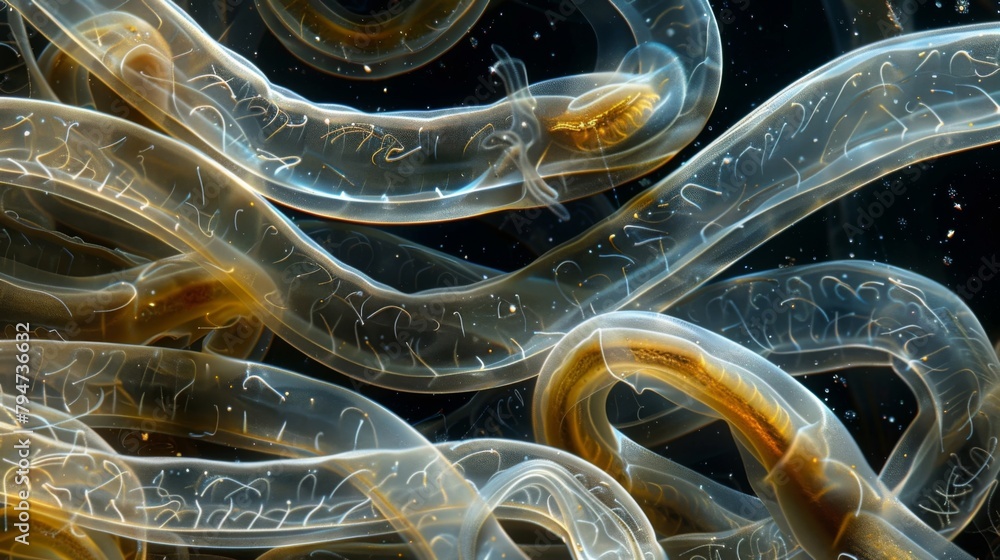 Poster an intriguing image of a of nematodes coiled together their slender transparent bodies forming a mes