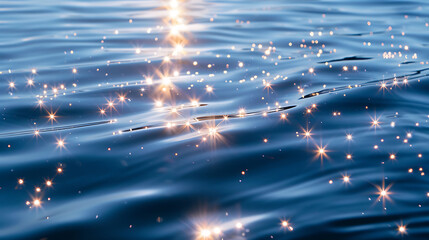 a serene body of water illuminated by sparkling lights, with a lone tree standing tall in the backg