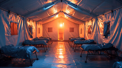 "Emergency tent, mass casualty exercise, fluorescent inside light, front angle