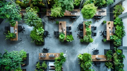 Fototapeta na wymiar Overhead view of a restaurant with tables arranged and interspersed plants, showcasing the interior design