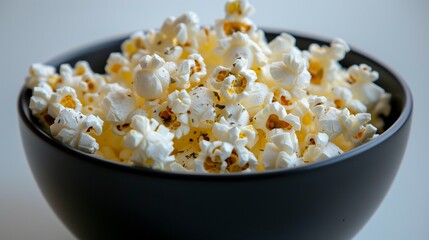 A bowl filled with freshly popped popcorn, sprinkled with savory seasoning and aromatic herbs. 