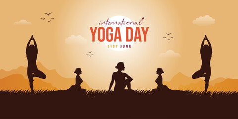 International Yoga Day 21st june wishes or greeting banner poster design with sun, birds, grass, and mountain, view, background, design, social, media, wishing, poster, banner, vector, illustration,