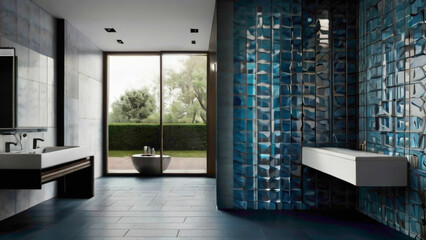 Fototapeta premium interior bathroom deign and decoration with showers set and interior tiles in the background in the combination of the blue and red color abstract background 