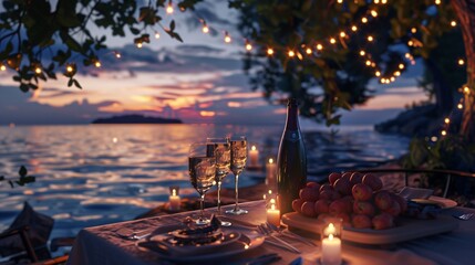 A candlelit table for two on a secluded beach, adorned with roses and sparkling wine. 