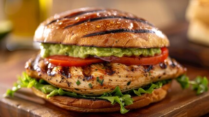 Close-up of a deluxe grilled chicken sandwich with a juicy chicken breast, fresh lettuce, and ripe tomato