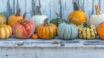 Assorted pumpkins in vibrant colors arranged on a weathered wooden bench