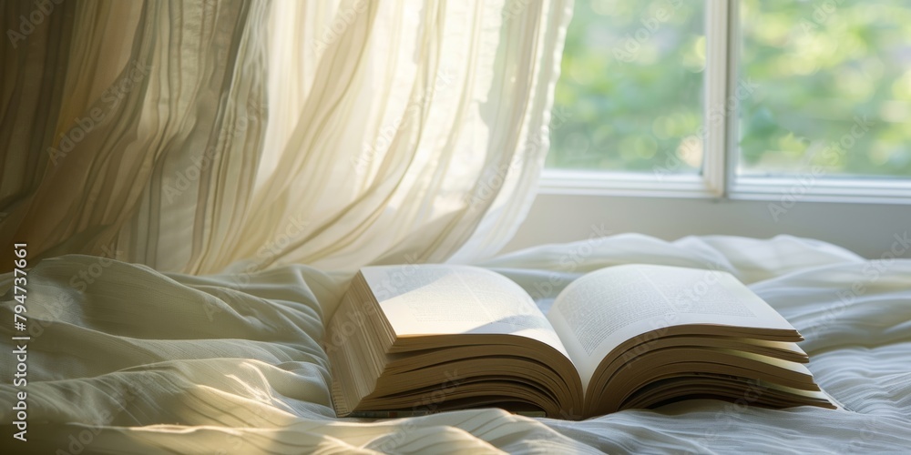 Poster a tranquil setting with an open book lying on a bed bathed in warm sunlight filtering through a wind