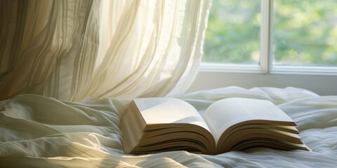 A tranquil setting with an open book lying on a bed bathed in warm sunlight filtering through a window.