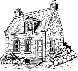 Vintage stone house sketch drawing