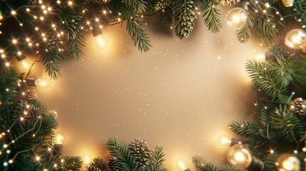 Fototapeta na wymiar Golden fairy lights wrapped around green pine branches with a soft, warm festive glow for holiday backgrounds.
