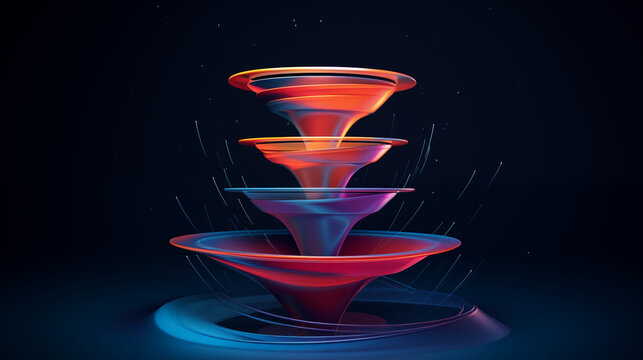 Colorful 3d model funnel flow, 5 layers, levitating, on dark blue background