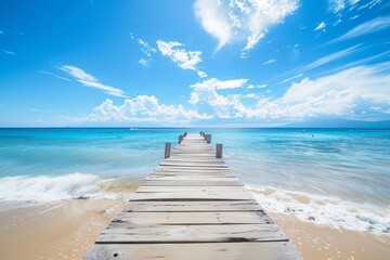 Sundrenched beach and wooden pier under a bright blue sky, perfect for a tranquil day by the sea