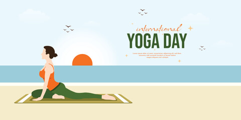 International Yoga Day wishes or greeting banner poster with beach theme sun rise background design, woman, doing, Pigeon, yoga, pose, 21st June, Creative, illustration, social, media, wishing, post