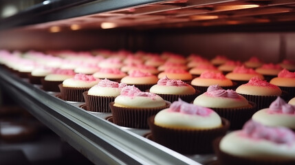 Cupcake on automatic conveyor belt process of baking in factory. Food industry, Cookies and cake production.