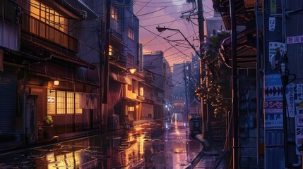 A beautiful japanese tokyo city town in the evening, digital art