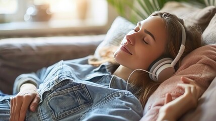 Relaxed young woman listening to music with headphones while lying on sofa at home