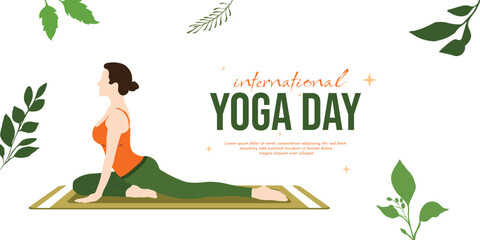 International yoga day wishes, banner or poster design with leaves, nature, background, or Pigeon, yoga, pose on 21st June, Creative, illustration, of woman, doing, yoga, social, media, vector file