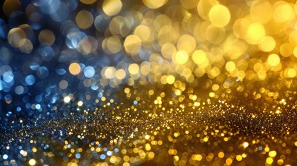 A dazzling display of glittering golden bokeh lights scattered across a deep blue backdrop.