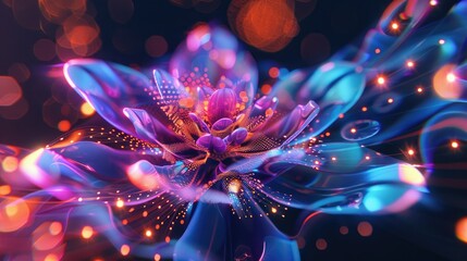 Abstract cybernetic flower blooming with neon petals